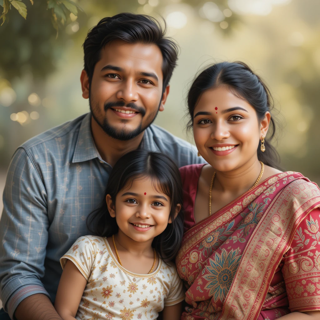 Create a photorealistic image of a family (mother, father, child) engaging in healthy activities together outdoors, smiling and happy, with vibrant colors and lighting, illustrating the family’s health and strength.
