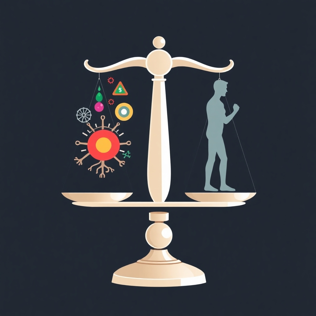 Create a stylized image of a balanced scale, with one side depicting elements representing a healthy immune system (bright colors, strong imagery) and the other side depicting an unhealthy one (muted colors, weakened imagery). This represents the balance Immune Molecule aims to restore.